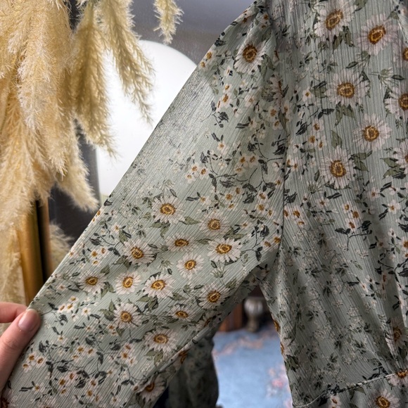 Altar'd State Sage Pastel Green Floral Long Sleeve Ruffle Maxi Dress - Picture 9 of 10